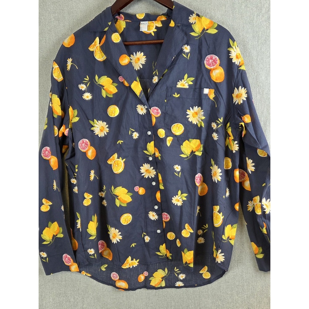 Old Navy PJ Shirt S TALL Navy Blue Flowers Lemons Button Up Citrus Collared